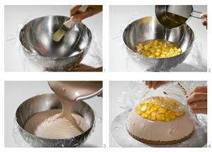 Making a chocolate and mango dome cake