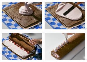 Making chocolate sponge roll with strawberry cream filling