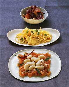 Bean salad, pineapple & onion salad, red cabbage & date salad