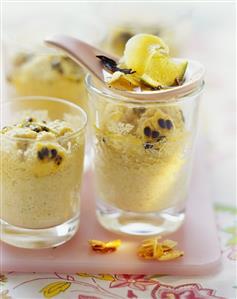 Passion fruit cakes with almonds & vanilla syrup in glasses