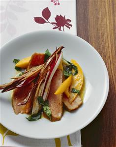 Fried veal loin steak with mango, radicchio di Treviso & basil