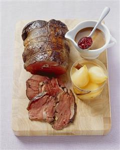 Roast leg of venison (medium) with spiced pears