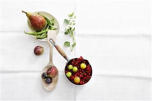 Still life with pear, green beans, plums and redcurrants