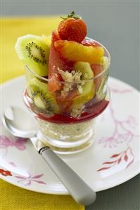 Fruit salad with quinoa in a glass