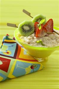 Rice pudding with fruit skewers