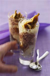 Chocolate and plain rice pudding with dried figs