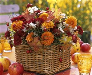 Arrangement of dahlias & chrysanthemums in rectangular basket