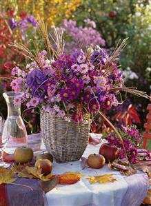 Arrangement of Michaelmas daisies, apples, autumn leaves on table