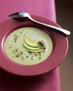 Avocado cream soup with pine nut gremolata