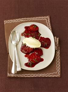 Salad of prickly pear, mint & Marsala, with vanilla ice cream