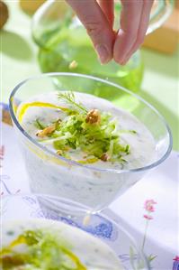 Sprinkling walnuts on tarator (Bulgarian yoghurt & cucumber soup)