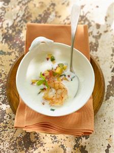 Spicy peach and yoghurt soup with king prawn