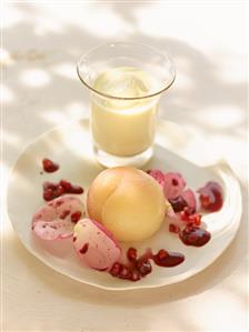 Peach with rose petal salad, pomegranate sauce & zabaglione