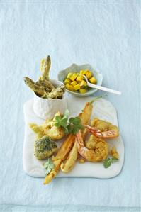 Prawn and vegetable tempura with mango salsa