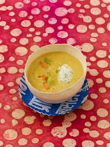 Chick-pea soup with soft cheese dumpling