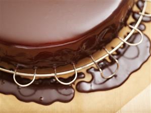 Cake coated in chocolate icing on cake rack (close-up)