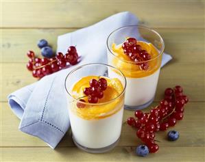 Panna cotta with orange slices and redcurrants