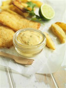 Aioli with coriander and lime and breaded fish fillet