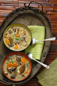 Mushroom soup with carrots and barley