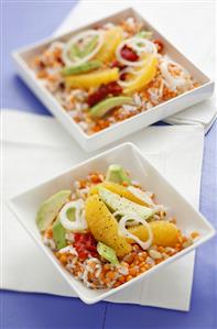 Lentil and rice salad with avocado and oranges