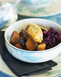 Vegetable stew (pumpkin, red cabbage) with dumplings for Xmas