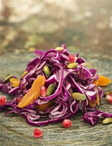 Red cabbage salad with apricots, pomegranate seeds & pistachios