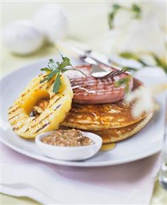 Pancakes with grilled ham, pineapple and mustard