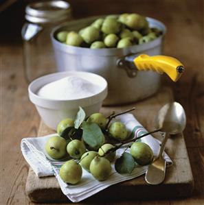 Ingredients for jam making: crab apples and preserving sugar