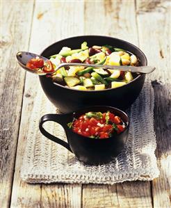 Summer vegetable soup and tomato salad