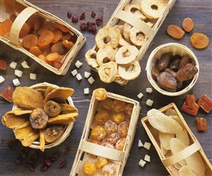 Dried fruit in woodchip baskets