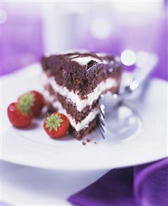 A piece of cream-filled chocolate cake