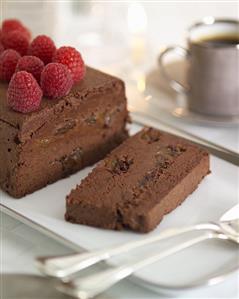 Chocolate and prune terrine with raspberries