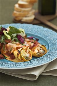 Cannelloni with prawn and mango filling, tomato sauce