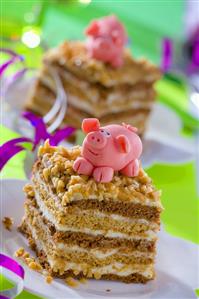 Chocolate nut cake with marzipan pig