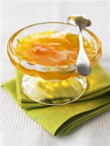 Pear and mango jam in a glass dish