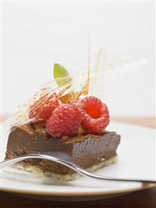 Piece of chocolate tart with caramel fan and raspberries