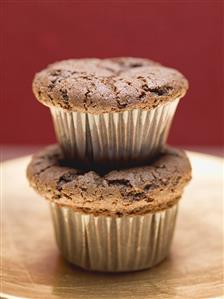 Two chocolate muffins, one on top of the other