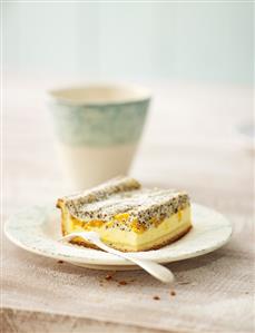 A piece of mandarin orange cake with poppy seeds