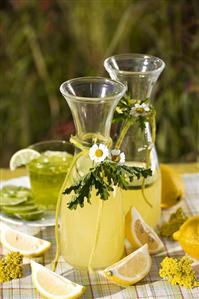 Lemonade in two carafes and lime jelly out of doors