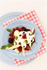 Fruit salad with mascarpone (overhead view)