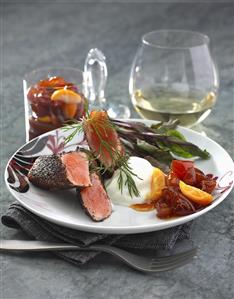 Seared charr fillet with candied fruit