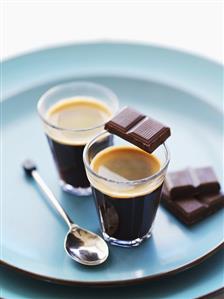 Black coffee with pieces of chocolate