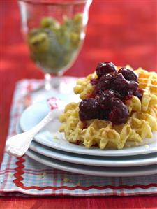 Waffles with cherry jam