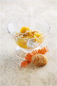 Caramelised apricots on lemon ice cream with coconut