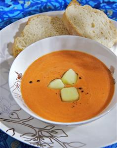 Chilled tomato soup with ice cubes