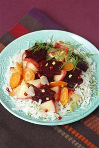 Beetroot, carrots and apples on rice