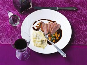 Duck breast with chanterelles and fig ravioli