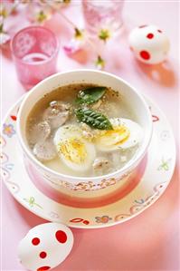 Zurek (Easter soup with boiled eggs and sausage, Poland)