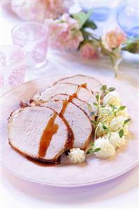 Roast pork with apricot sauce and celeriac puree