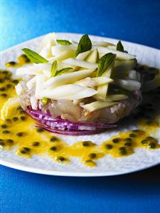 Langouste tartare on red onions with passion fruit